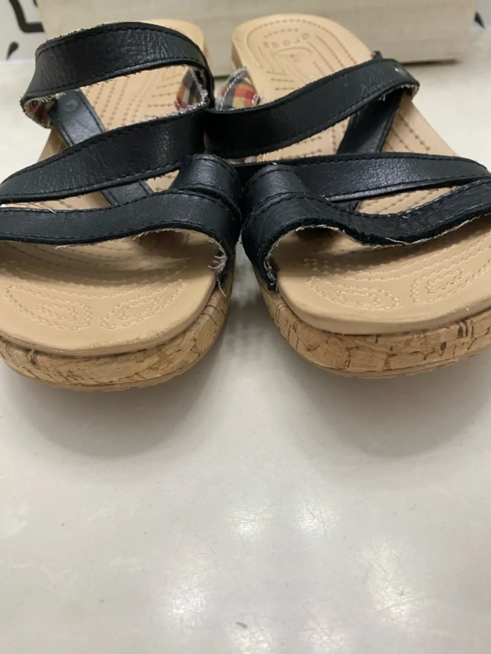Crocs A-Leigh Black Leather Cork Plaid Lined Wedge Slide Sandals - Women's 7